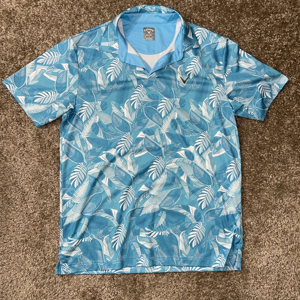 Callaway Opti-Dri Mens Golf Polo Shirt Blue Leaf Print Tropical Short Sleeve M